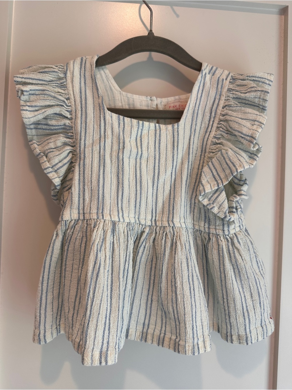 Pink Chicken Cream and Light Blue Striped Ruffle Sleeve Top